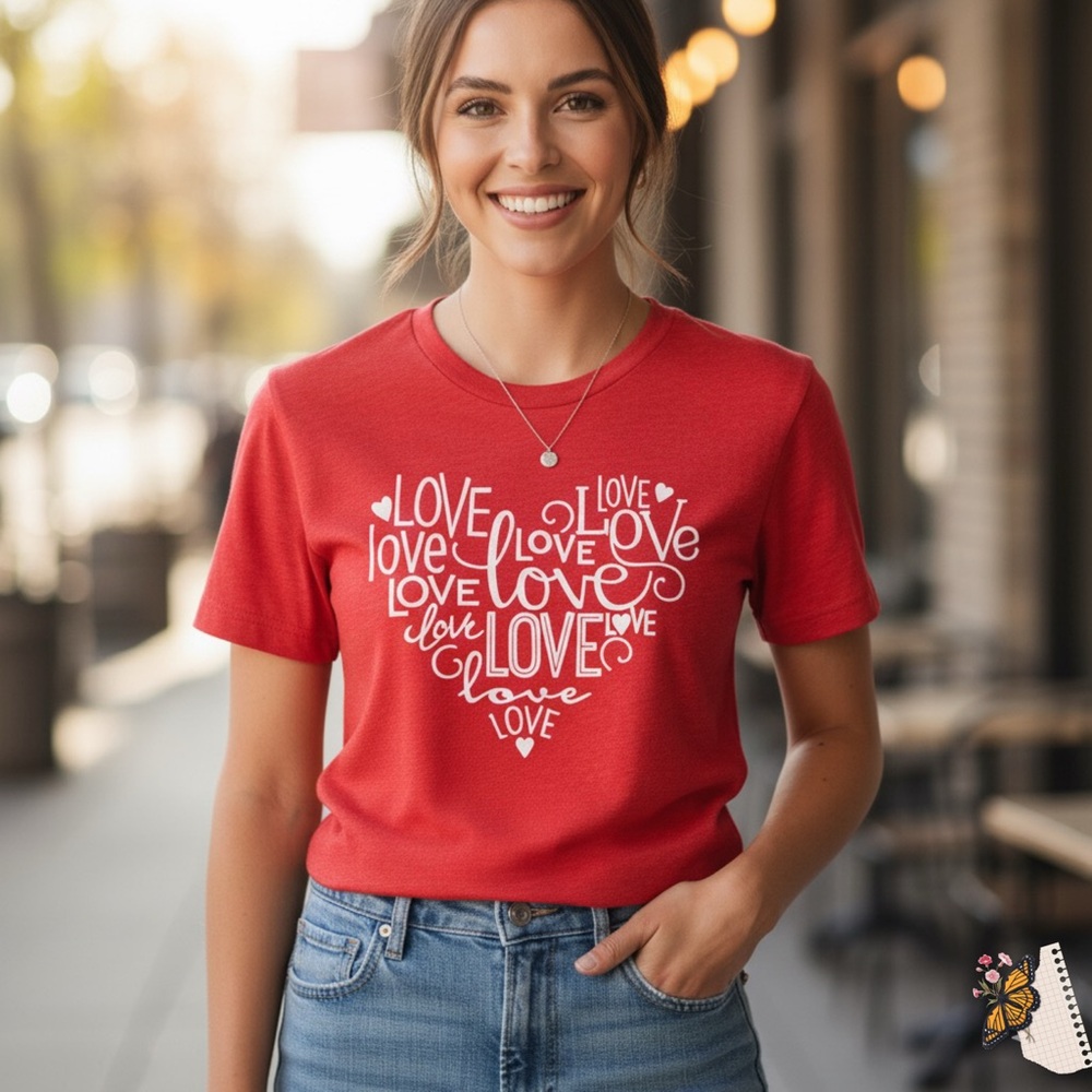 Bella + Canvas Red Love Heart Graphic Tee |‎ Valentine Unisex Shirt Soft Blend